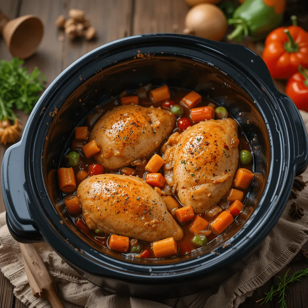 Moist and tender slow-cooked chicken breast served with fresh herbs and vegetables.