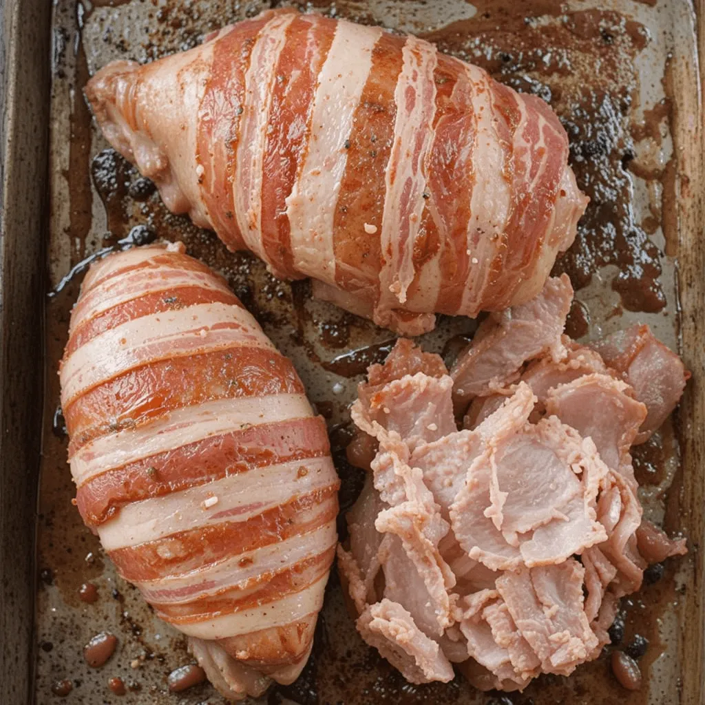 Different types of bacon—thick-cut, thin-cut, and smoked—beautifully arranged on a rustic wooden board with fresh herbs.