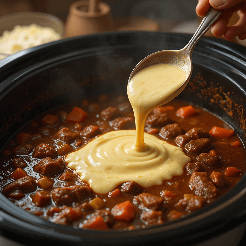 A rich, thickened beef stew in a crock pot with a hand stirring in a cornstarch slurry, surrounded by bowls of flour and butter for a roux.