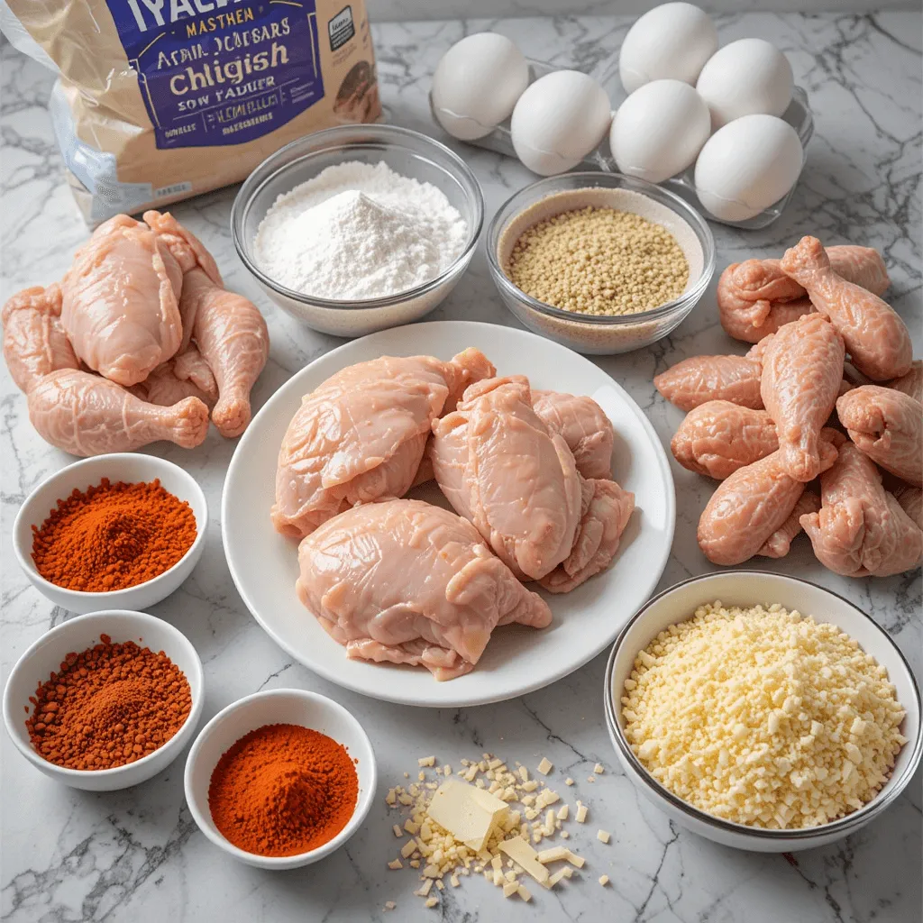 Essential ingredients for Nashville hot chicken: fresh chicken pieces, spice blend with paprika, garlic powder, cayenne pepper, flour, cornstarch, panko breadcrumbs, eggs, and Parmesan cheese.