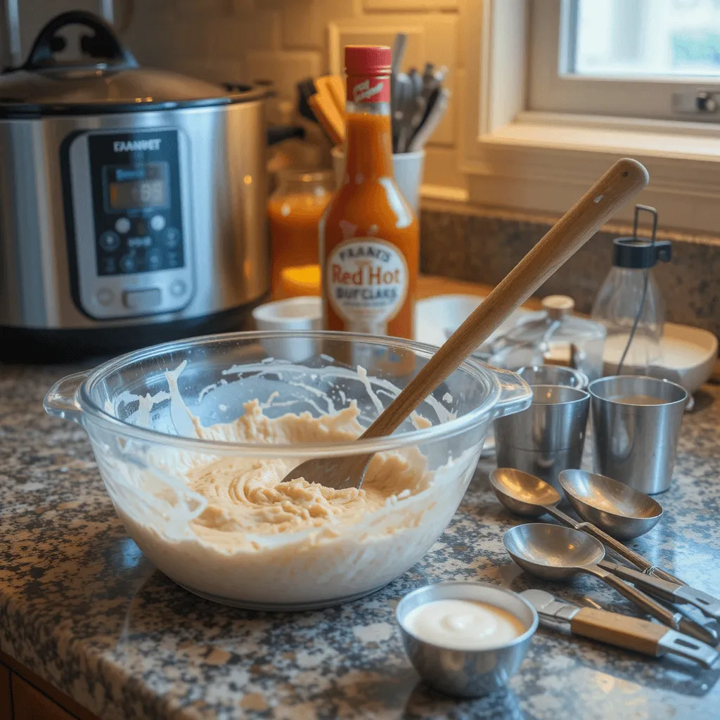 Essential kitchen tools for making Frank’s RedHot Buffalo Chicken Dip, including a mixing bowl, spoon, baking dish, and measuring cups, with a slow cooker and microwave in the background.