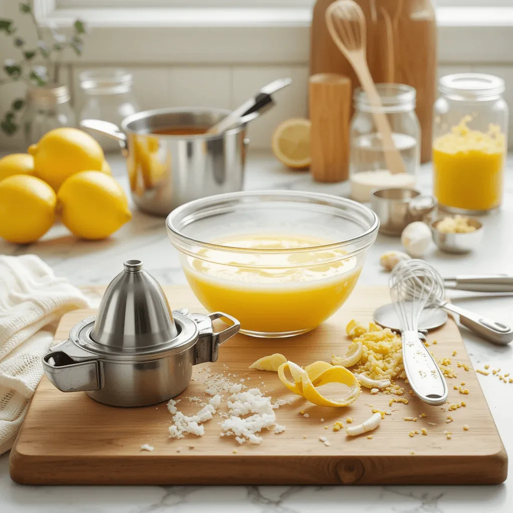 Essential kitchen tools for making a simple lemon sauce for salmon, including a stainless steel juicer, wooden cutting board, freshly squeezed lemon juice, and more.