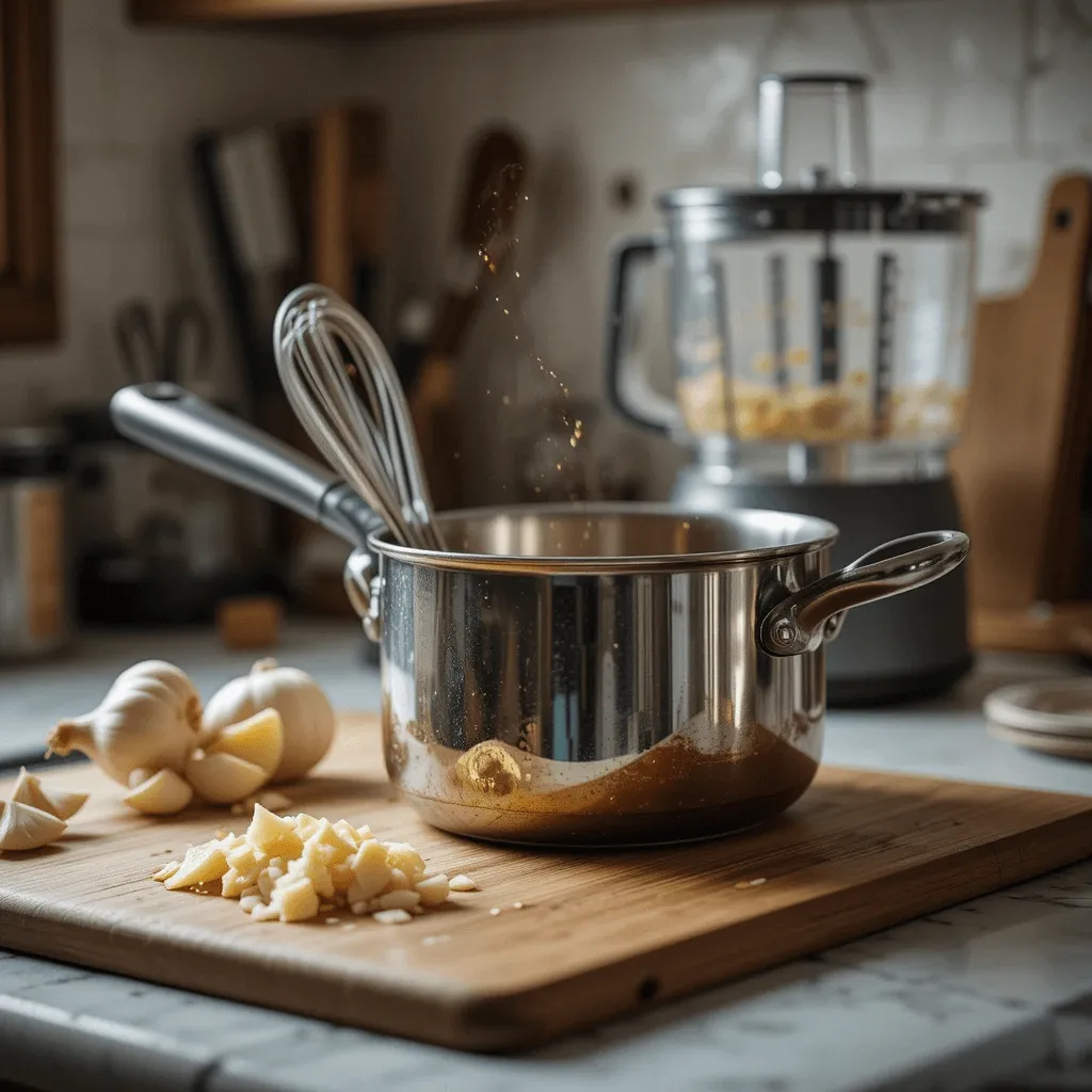 A rustic kitchen with a cutting board of chopped garlic, ginger, and bell peppers, a saucepan on the stove, and a whisk ready to stir, set in a cozy, warm environment