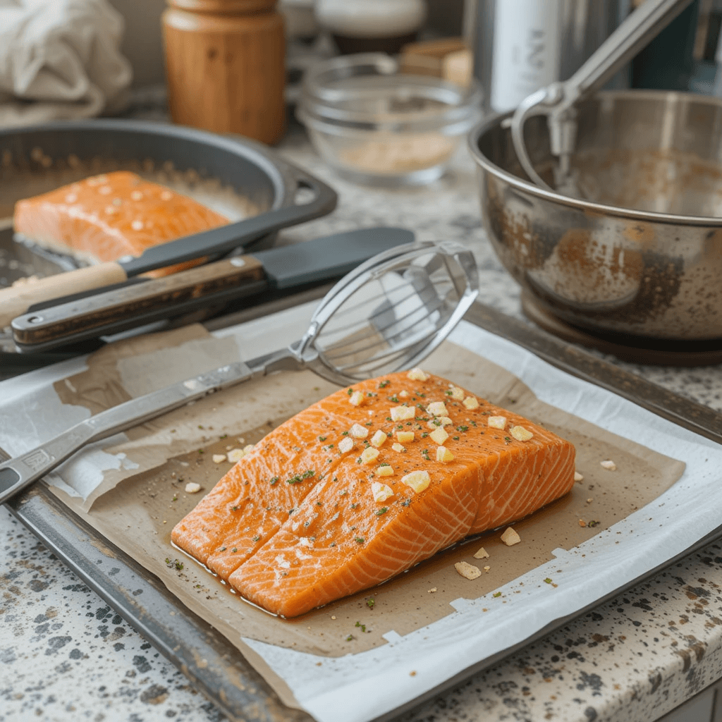 Essential kitchen tools for honey garlic glazed salmon, including a baking sheet, spatula, mixing bowl, and tongs.