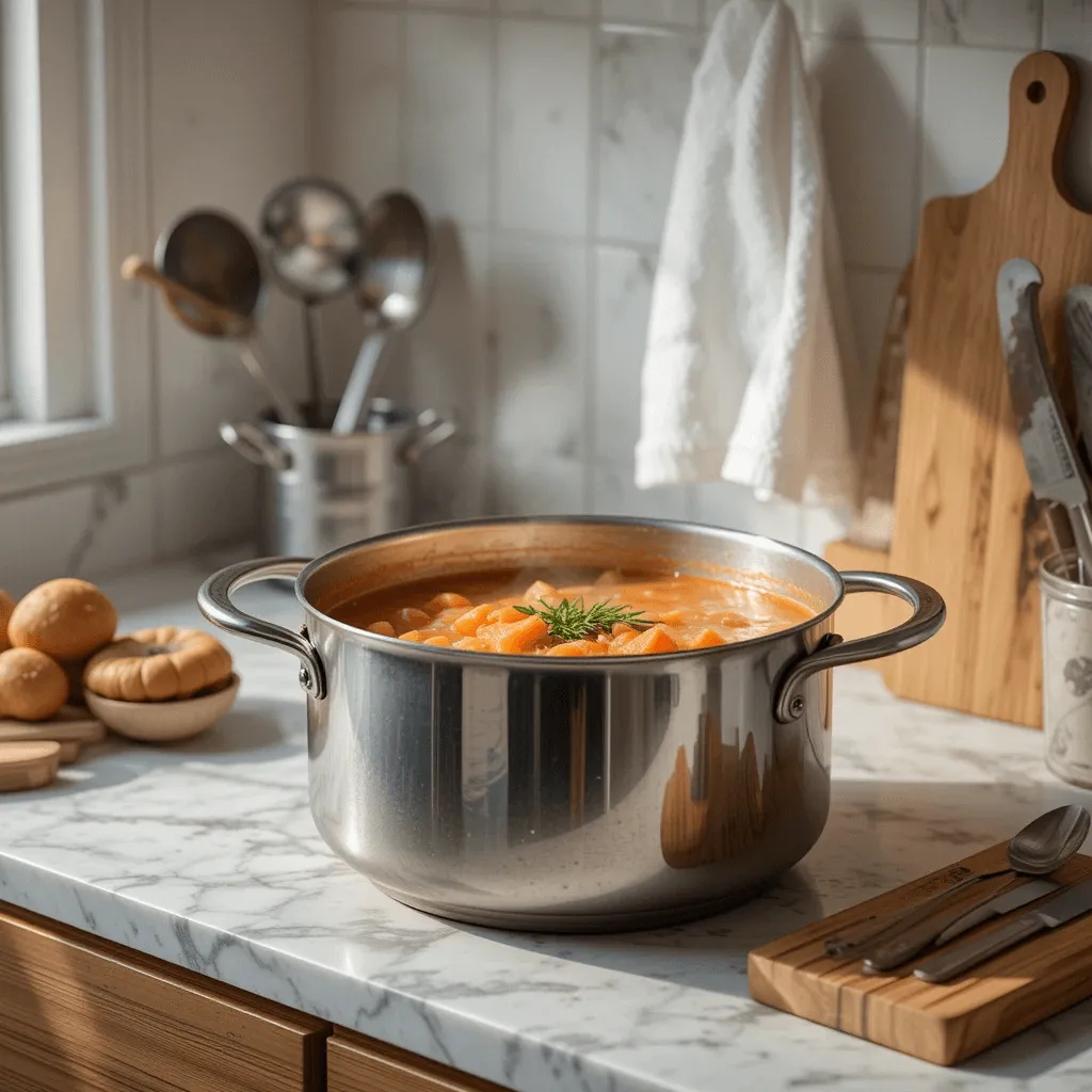 Essential kitchen tools for Finnish salmon soup: large pot, Dutch oven, large saucepan, colander, and wooden spoon.