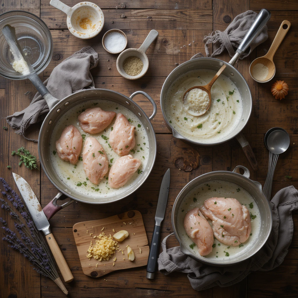 Essential kitchen tools for Salt and Lavender Creamy Garlic Chicken, including a skillet, saucepan, chef’s knife, cutting board, and utensils, arranged on a rustic countertop.