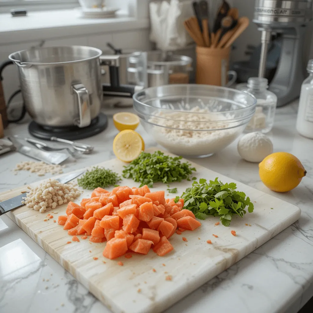 Essential kitchen tools for preparing smoked salmon dip: knife, cutting board, mixing bowl, and optional food processor.