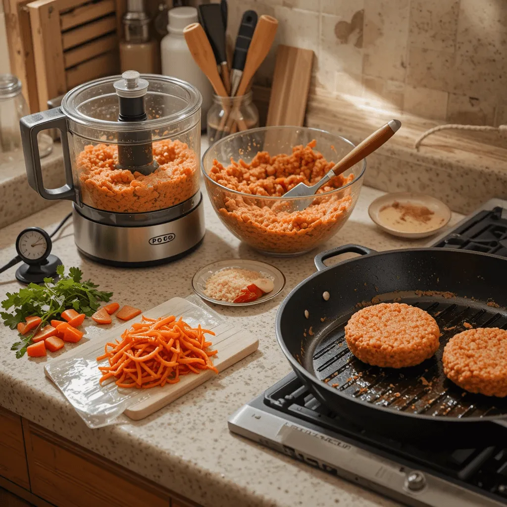 Essential kitchen tools for making and cooking salmon burgers, including a food processor, mixing bowl, non-stick skillet, meat thermometer, knife, cutting board, and plate.