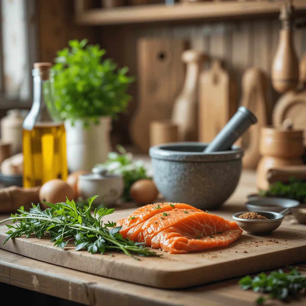 Essential kitchen tools for making a Tuscan salmon recipe, including a frying pan, chef’s knife, cutting board, and fresh ingredients on a rustic kitchen counter.