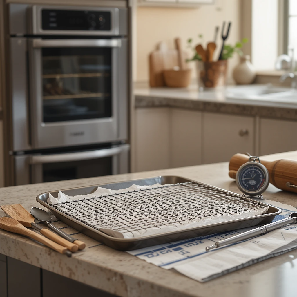 Essential kitchen tools for baking bacon-wrapped chicken, including an oven, wire rack, baking sheet, and thermometer.