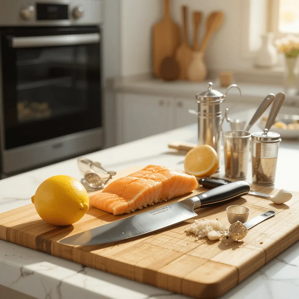 Essential kitchen tools for making a lemon garlic salmon recipe, including a chef’s knife, cutting board, zester, garlic press, measuring spoons, and an oven in a well-lit kitchen.