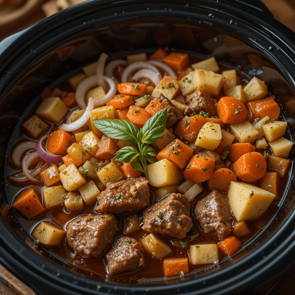 Layering ingredients for beef stew in a crock pot: browned beef and bones at the bottom, onions, carrots, and celery in the middle, and potatoes with fresh herbs on top.