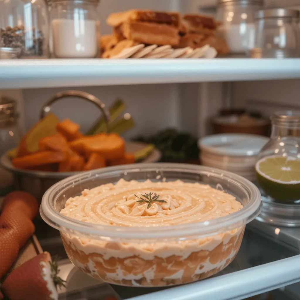 Smoked salmon dip stored in a fridge with fresh lemon wedges, crackers, and a spoon ready to serve.