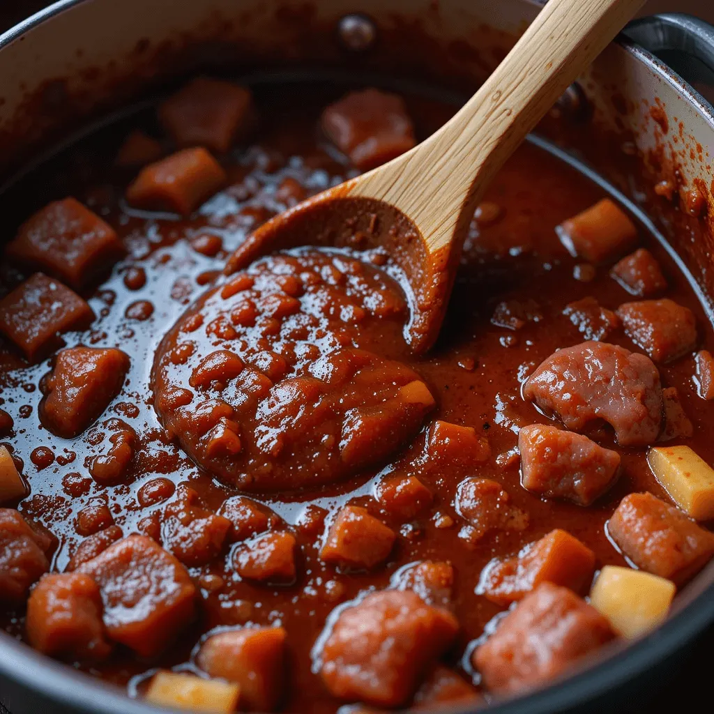 Rich beef bourguignon sauce being stirred in a saucepan, with a velvety texture and deep red color, ready to blend with beef and vegetables.