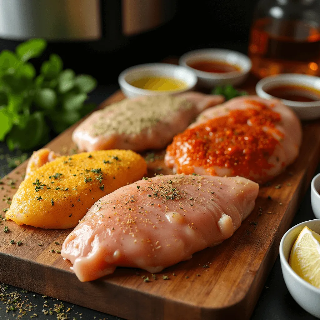 Chicken breasts marinated in different seasonings, displayed on a wooden board with herbs and spices.