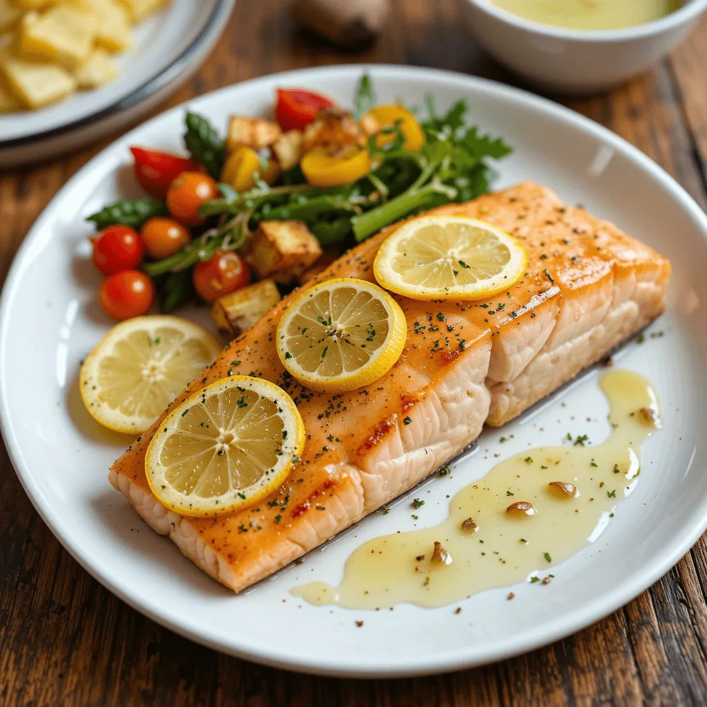 Perfectly cooked lemon garlic salmon fillet garnished with lemon slices, minced garlic, and herbs on a white plate.