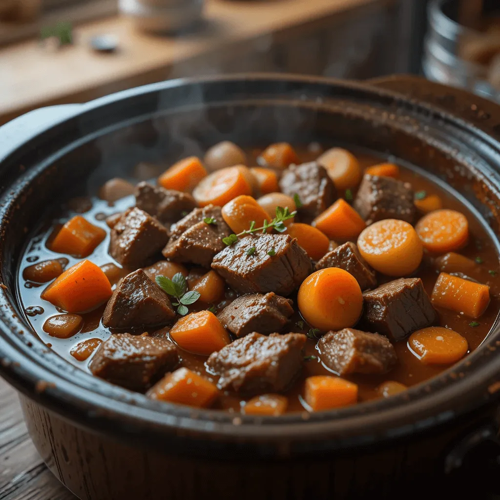 A steaming beef stew in a crock pot, filled with tender chunks of beef, carrots, potatoes, and onions, garnished with fresh thyme.