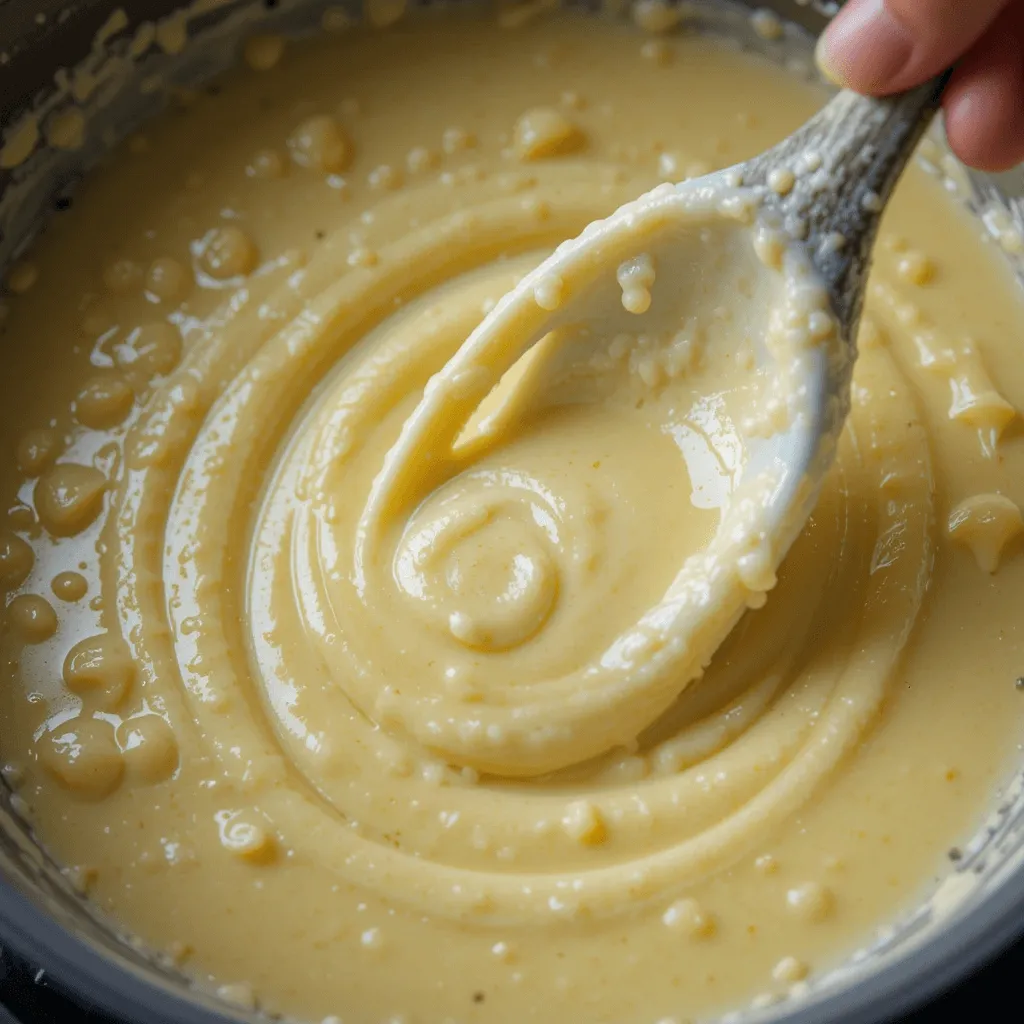 Whisking the creamy garlic sauce to perfection—smooth and velvety with fresh garlic and cream.