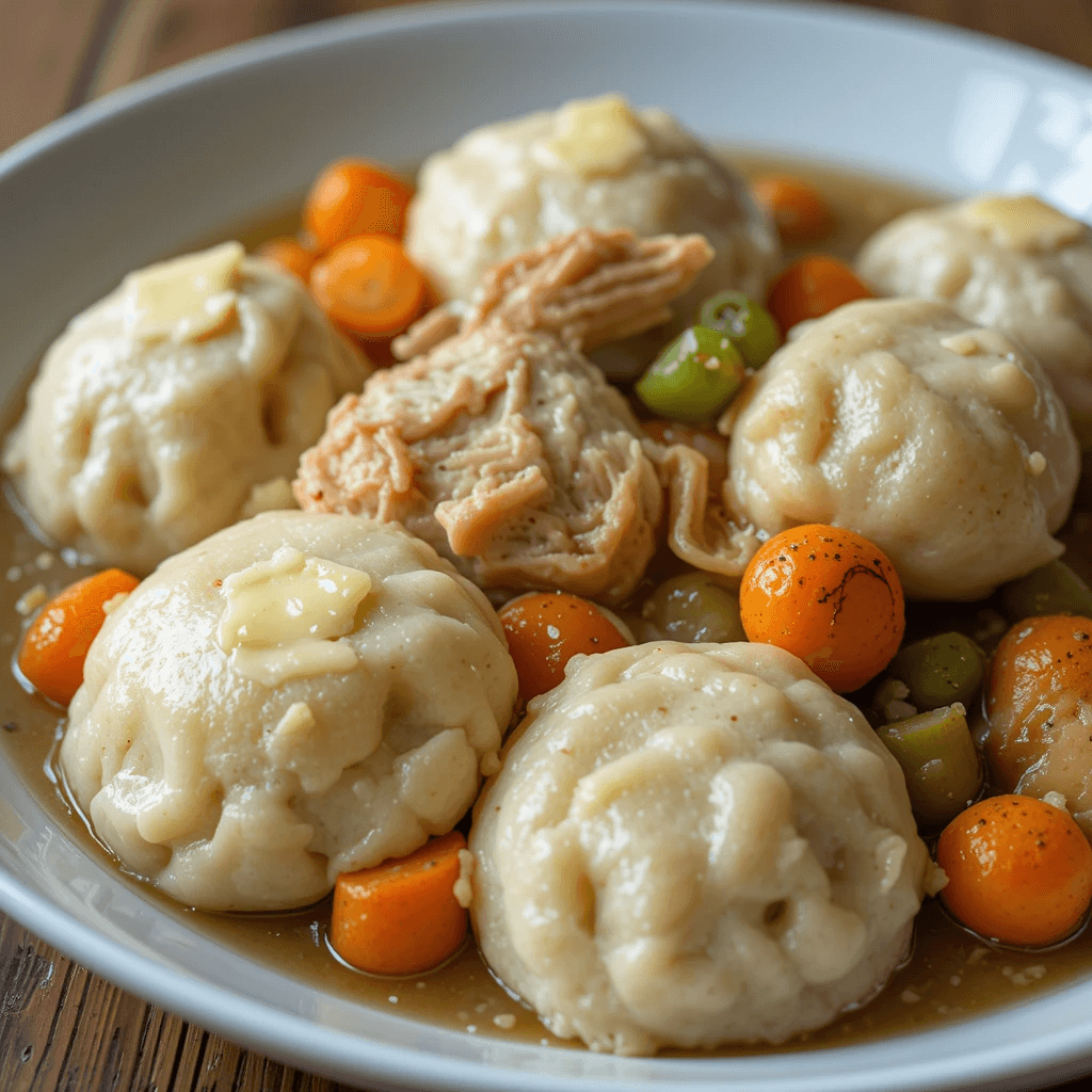 Close-up of tender, fluffy dumplings glistening with butter, fork-tender chicken, and vibrant vegetables in a rich broth, with a rustic wooden table backdrop.