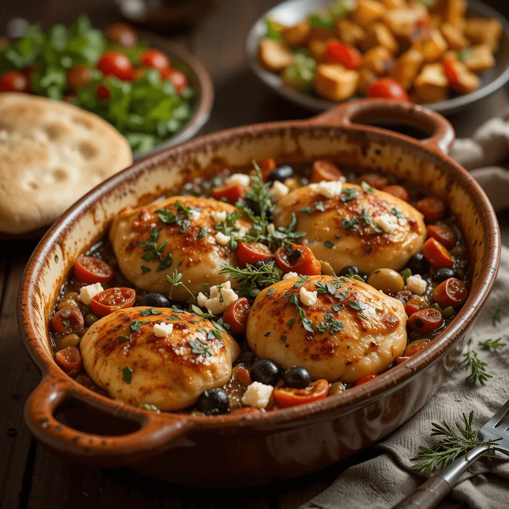 Mediterranean-style chicken thigh casserole topped with fresh herbs, feta cheese, olives, and sun-dried tomatoes, served with pita bread, salad, and roasted veggies.