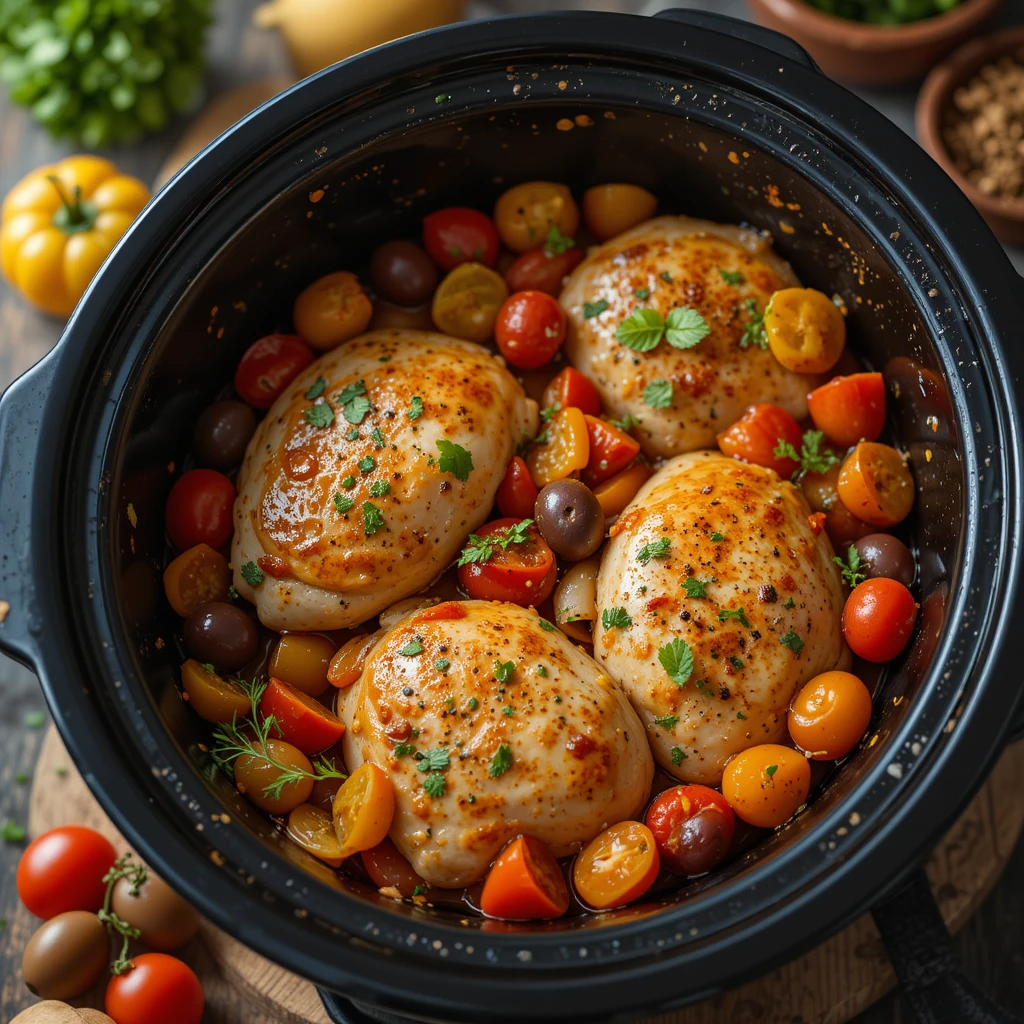 Mediterranean-style slow-cooked chicken breast with olives, artichoke hearts, and feta cheese.