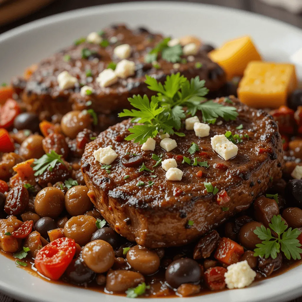 Mediterranean slow-cooked diced beef with olives, feta, and sun-dried tomatoes, served with roasted vegetables and garnished with fresh herbs.