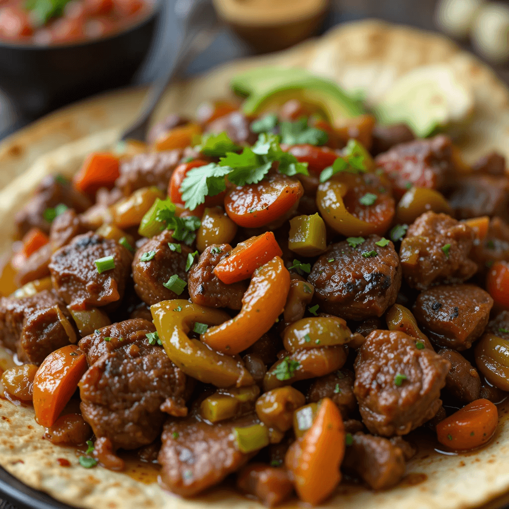 Tex-Mex slow-cooked beef fajitas with bell peppers, onions, avocado, and warm tortillas.