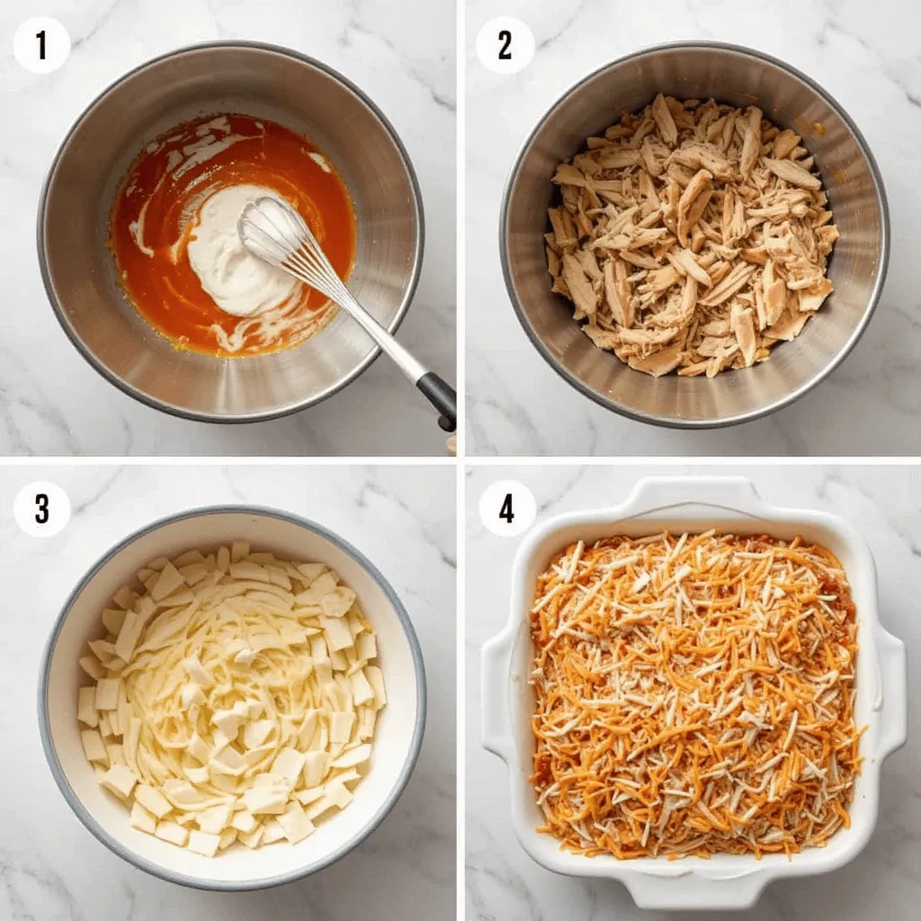 Step-by-step guide of mixing and layering Frank’s RedHot Buffalo Chicken Dip ingredients: cream cheese, shredded chicken, Frank’s RedHot sauce, and shredded cheese.