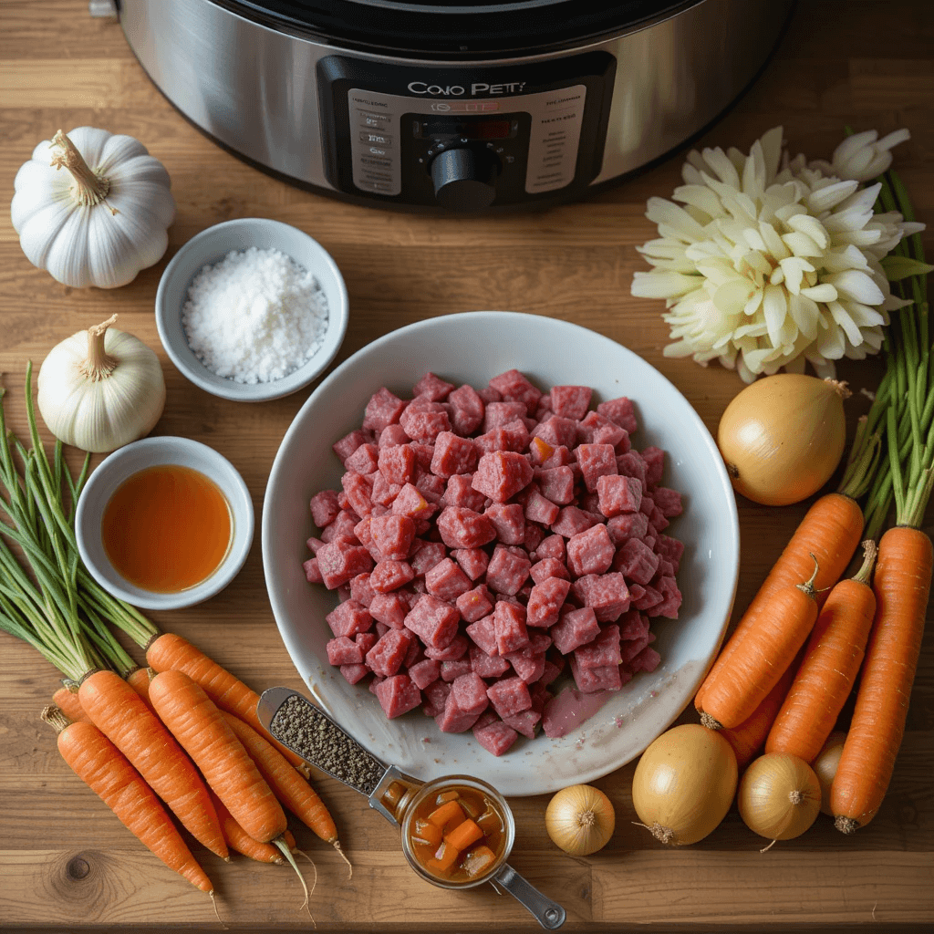 Essential ingredients for slow-cooked diced beef, including garlic, salt, pepper, broth, wine, carrots, and potatoes.