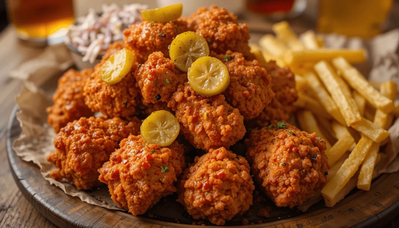 A crispy, spicy Nashville hot chicken with a golden-brown crust, garnished with pickles, ready to be served