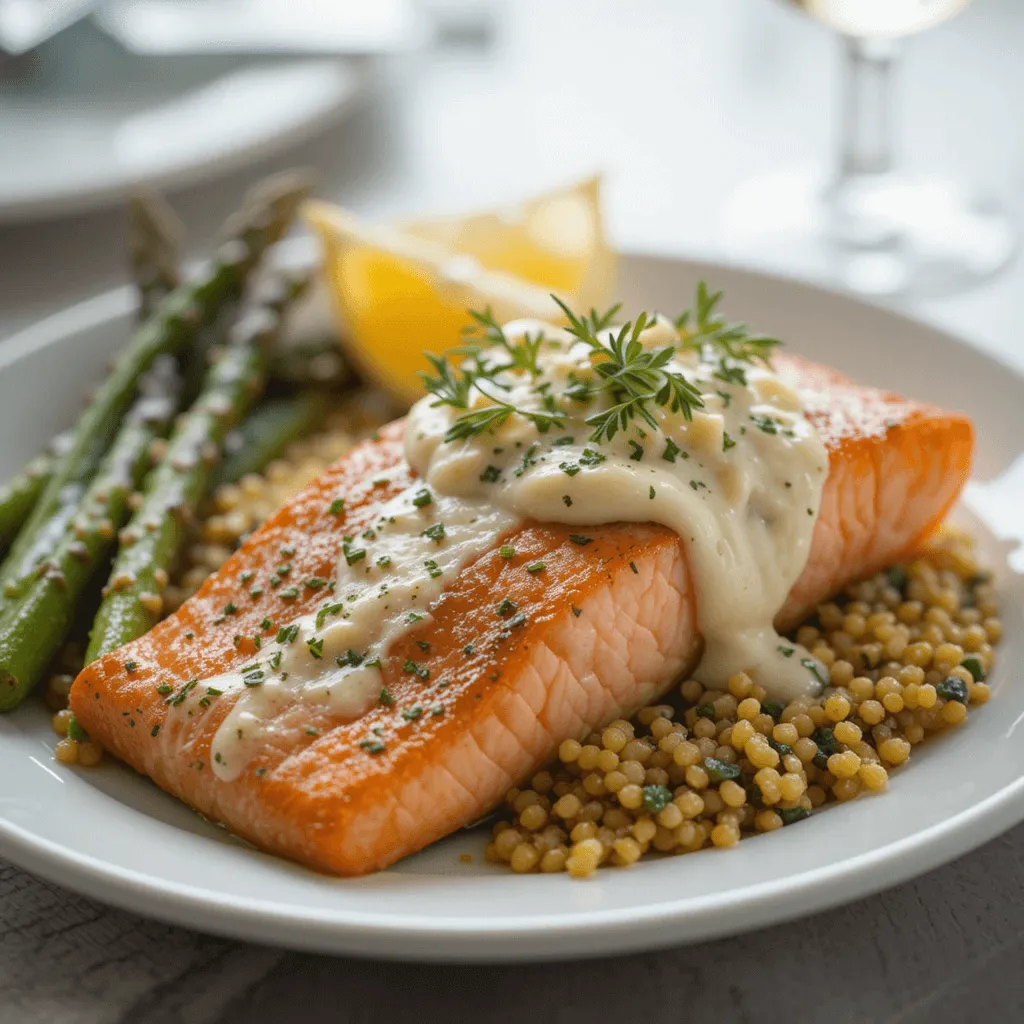 A gourmet salmon fillet with a creamy cheese topping, served with roasted sweet potatoes and garlic quinoa, paired with a glass of white wine.