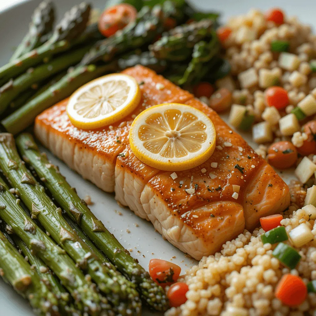 Lemon garlic salmon fillet paired with roasted asparagus with lemon butter, quinoa salad with mixed vegetables, and grilled vegetables, on a beautifully arranged plate.