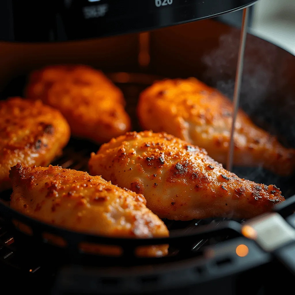 Golden, crispy chicken breasts inside an air fryer basket with a digital thermometer showing 165°F for perfect doneness.