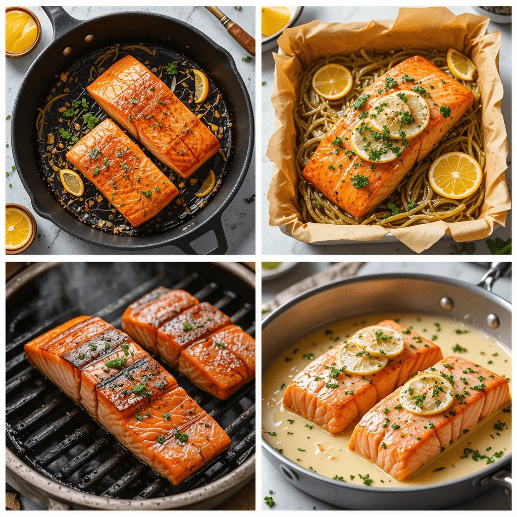 Different salmon cooking techniques, including pan-searing, baking, grilling, and poaching, displayed in a bright and inviting kitchen.