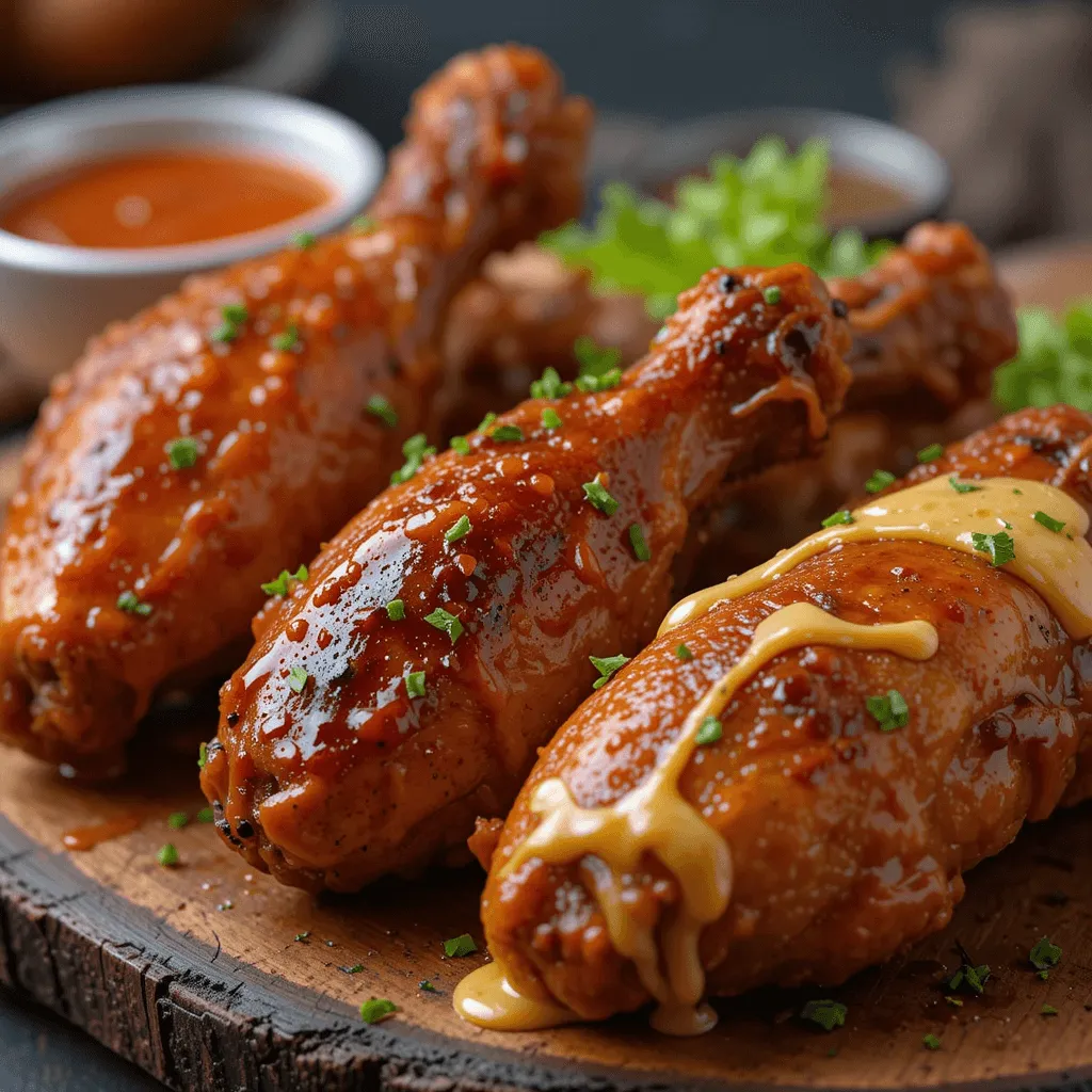 Three oven-baked chicken wings with Buffalo, BBQ, and Honey Mustard sauces, garnished with fresh herbs and served with dipping sauces.