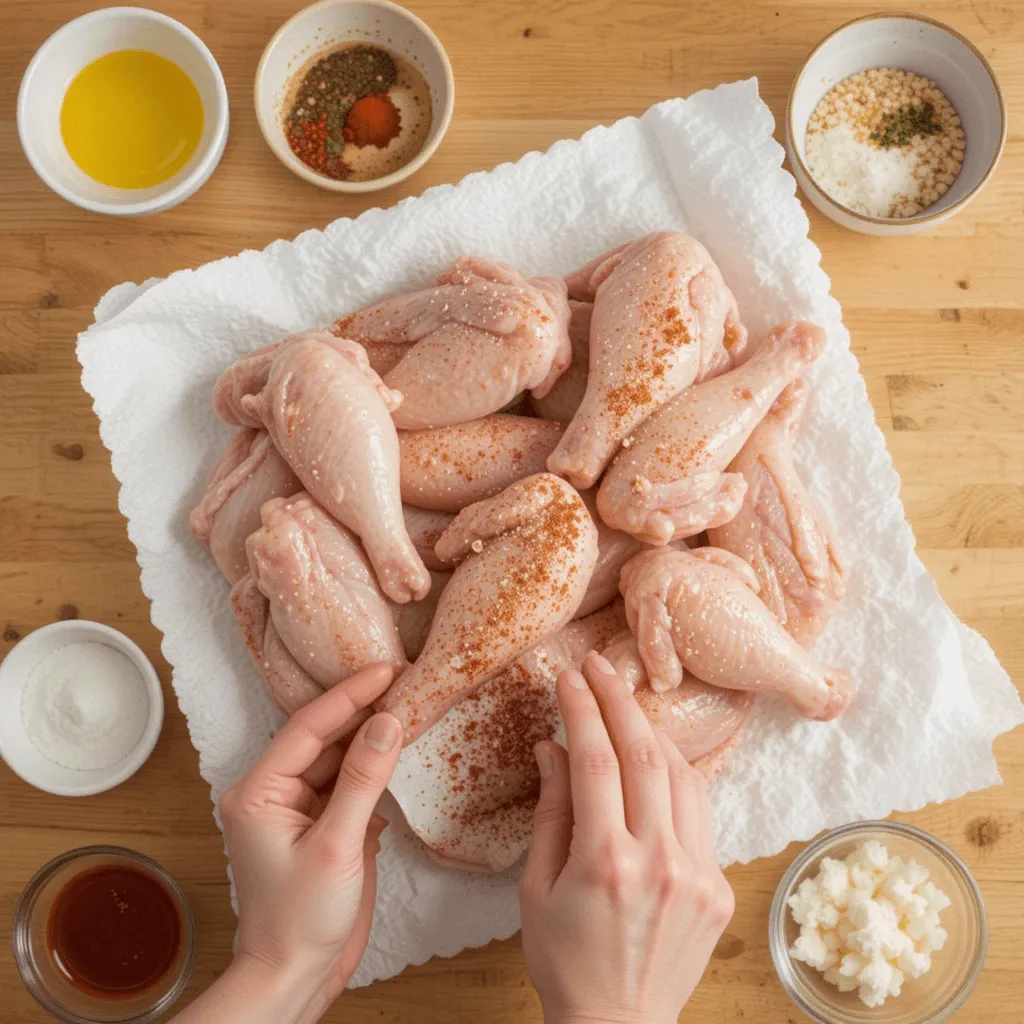 Raw chicken wings being patted dry and seasoned with spices on a wooden kitchen counter.