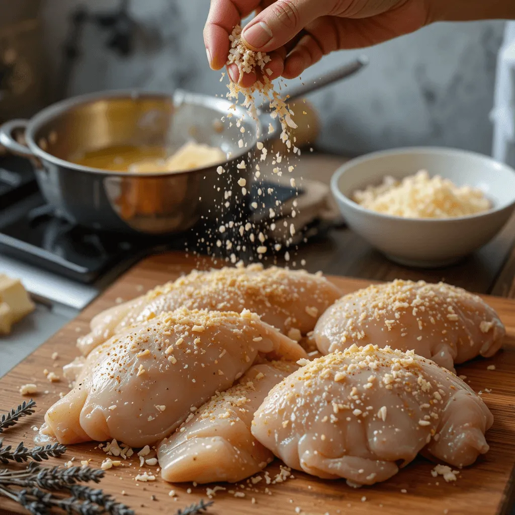 Preparing Salt and Lavender Creamy Garlic Chicken—seasoning chicken, infusing garlic oil, and mixing a rich cream base with butter and Parmesan.