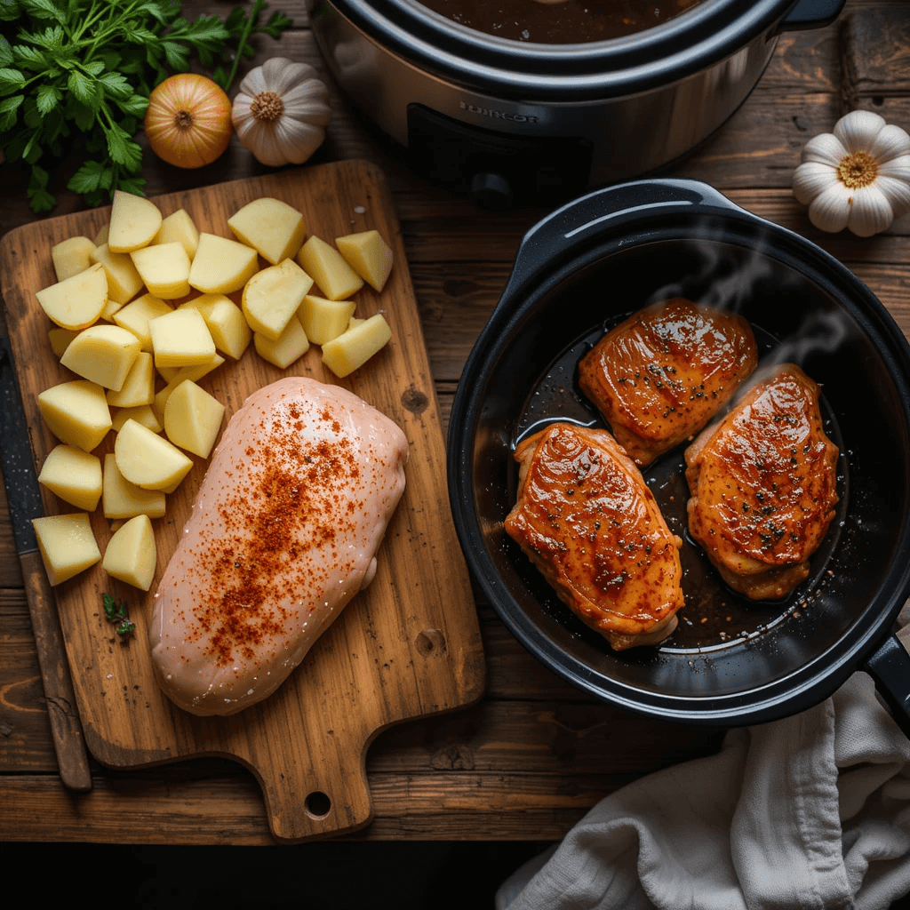 Chopped potatoes, seasoned chicken breast, and a sizzling skillet on a kitchen countertop, preparing ingredients for a slow cooker meal.