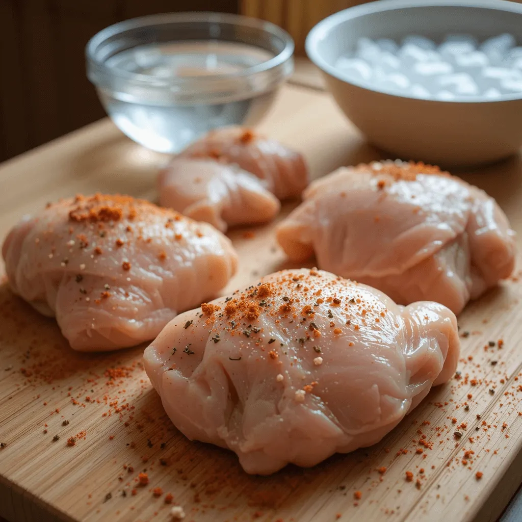 Preparing boneless skinless chicken thighs for a casserole, with thawing, trimming, and seasoning on a wooden cutting board.