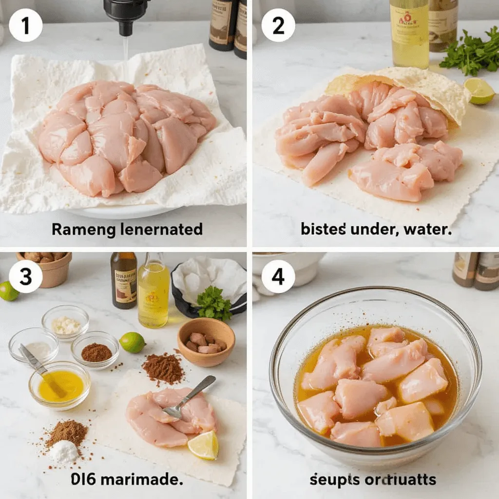 Preparing chicken for quesadillas: rinsing, drying, cutting into strips, and marinating with olive oil, lime juice, and spices.