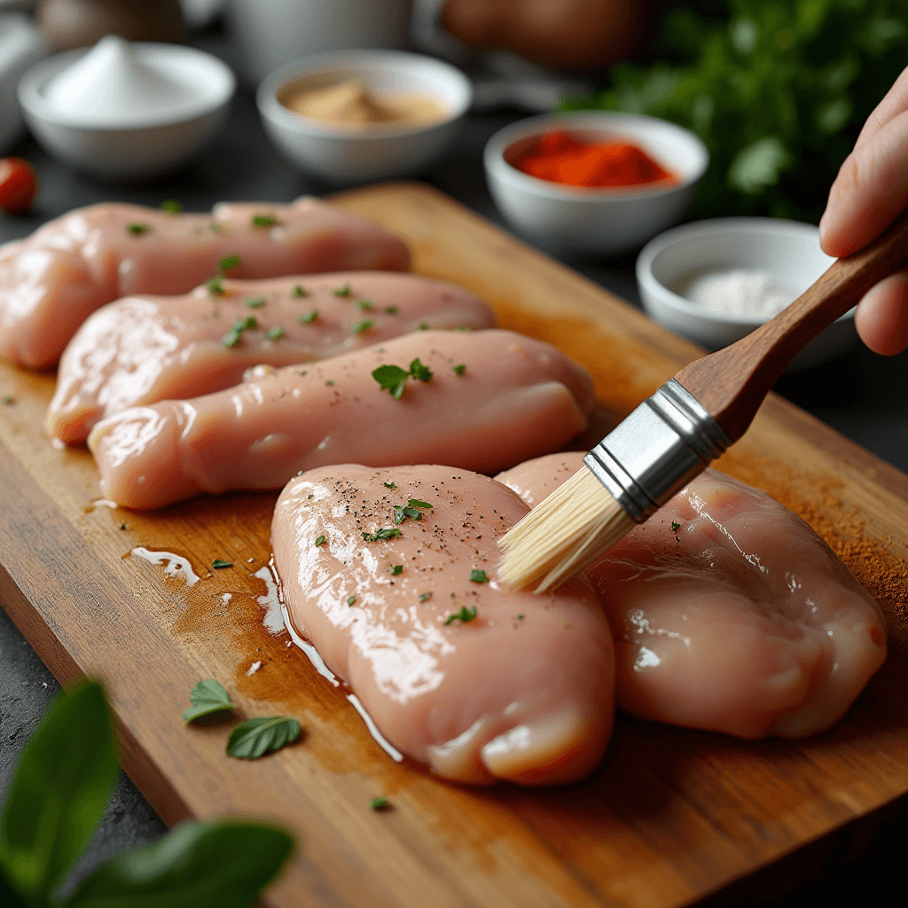 Raw chicken breasts being trimmed, seasoned, and brushed with oil, prepared for air frying on a wooden cutting board.