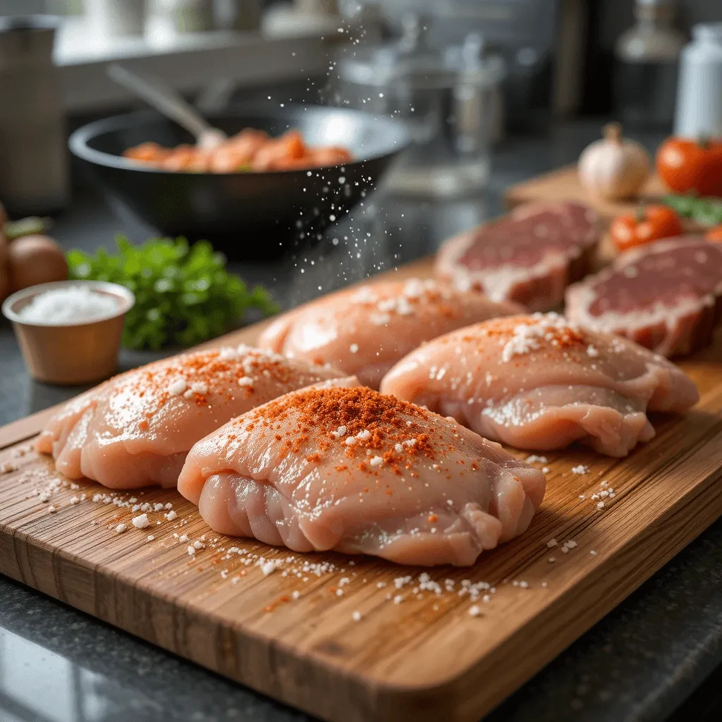 A clean, close-up image of a raw chicken breast being seasoned with salt, pepper, garlic powder, and paprika on a cutting board. A meat mallet and paper towels are visible in the frame.