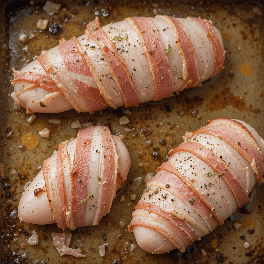 Raw chicken breast being trimmed, pounded, and seasoned on a wooden cutting board, ready for wrapping in bacon.