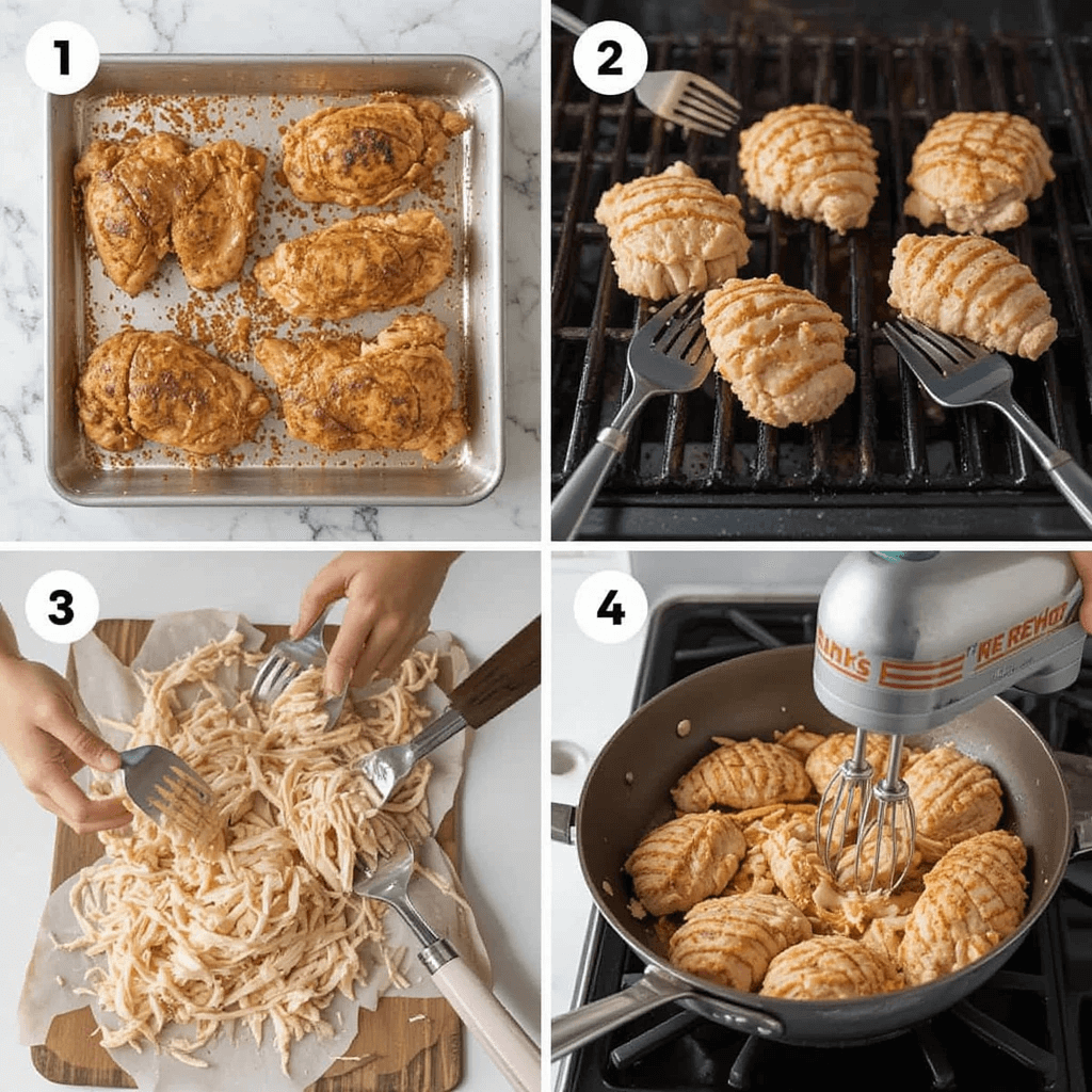 Visual guide on preparing chicken for Buffalo Chicken Dip: baking, grilling, and sautéing methods, with options for shredding using forks or a stand mixer.