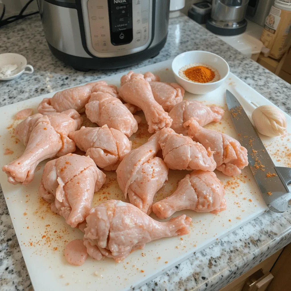 Fresh chicken wings being prepared for the Ninja Air Fryer, trimmed, sectioned, and seasoned with garlic powder, paprika, and salt.