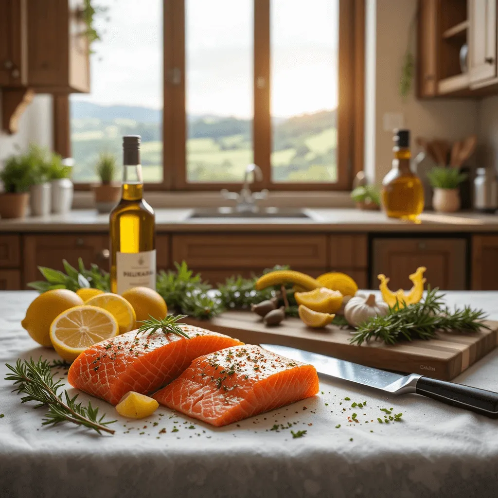 A close-up of a perfectly seared Tuscan salmon fillet in a creamy sun-dried tomato sauce, garnished with fresh basil and served on a rustic ceramic plate.