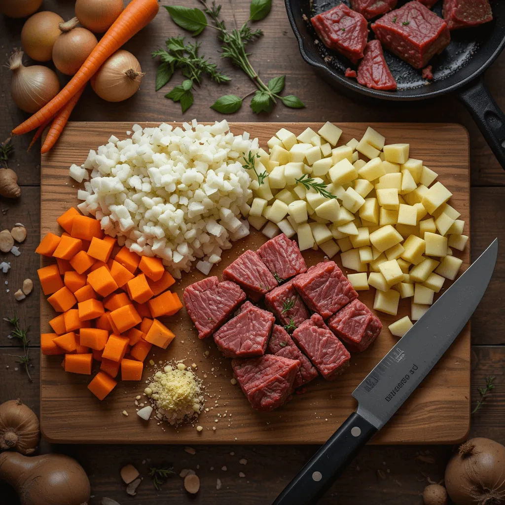 Preparing ingredients for beef stew in a slow cooker: trimmed beef chunks, chopped carrots, potatoes, onions, minced garlic, and fresh herbs on a wooden cutting board.