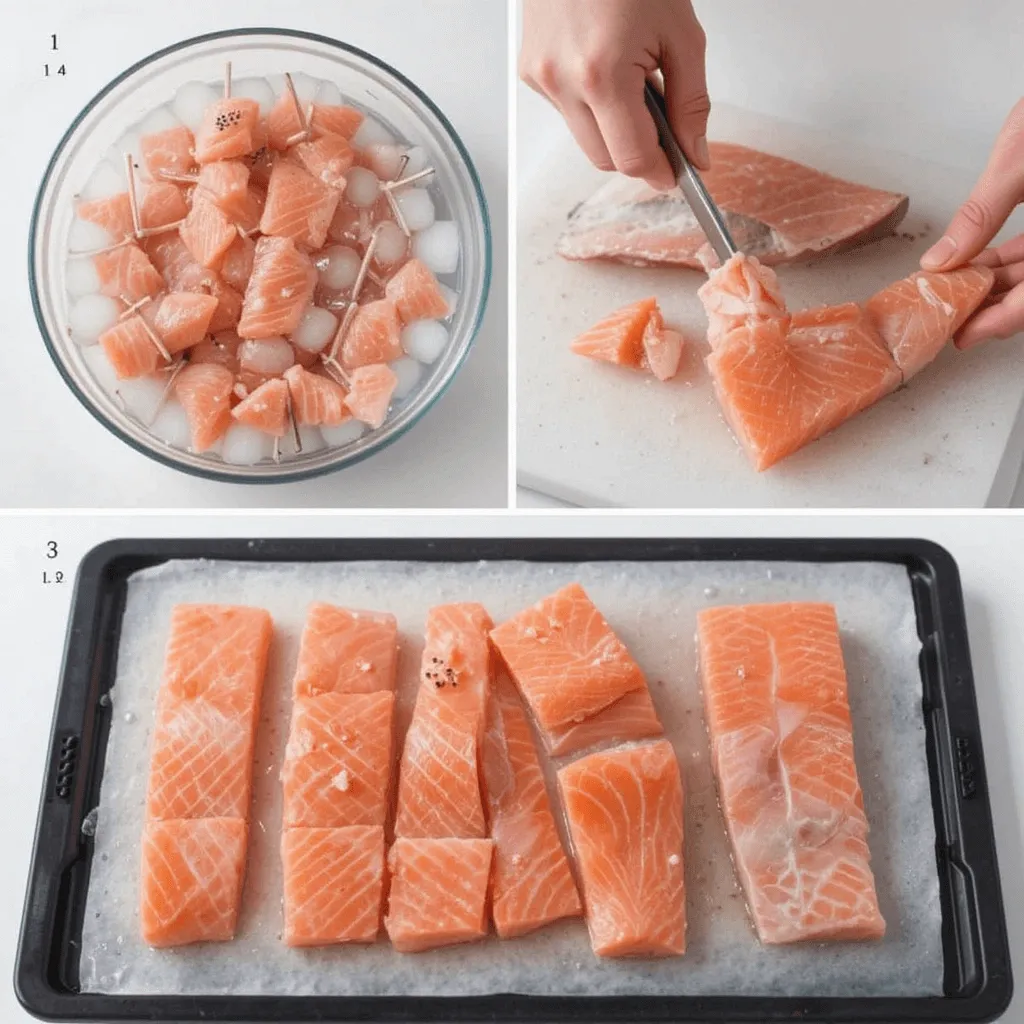 Thawing and preparing salmon fillets: thawing in cold water, removing pin bones, and cutting into even portions for oven baking.