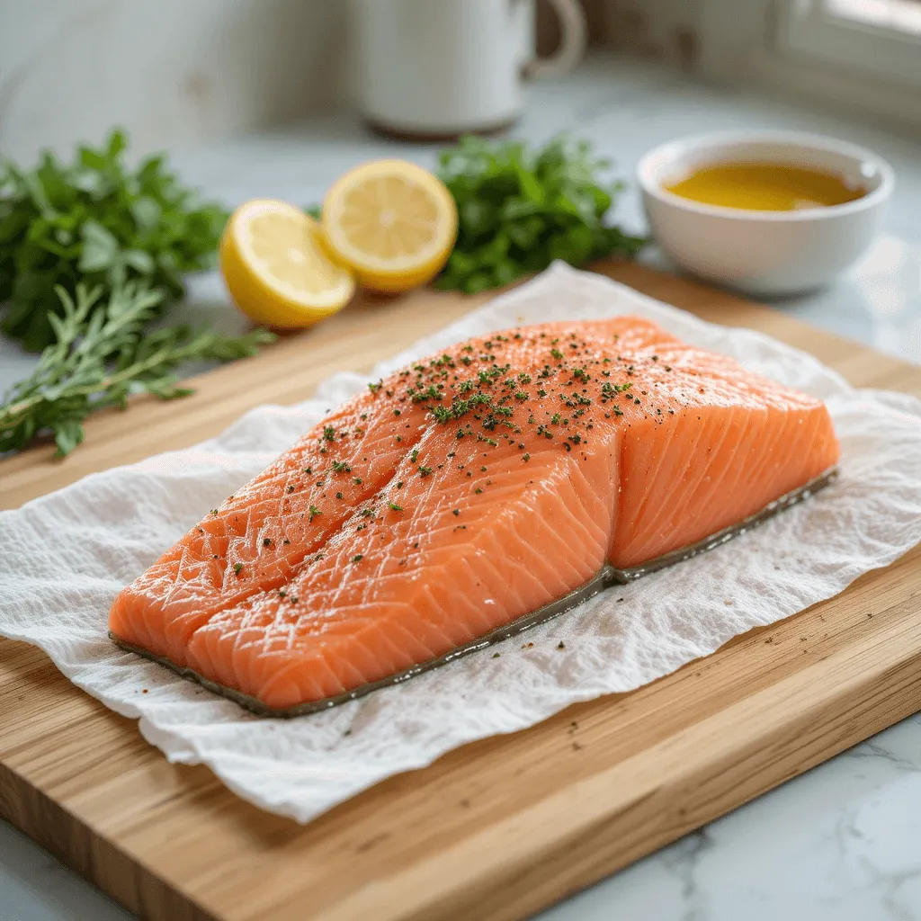 Fresh salmon fillet being prepared for air frying with herbs, lemon, and olive oil.