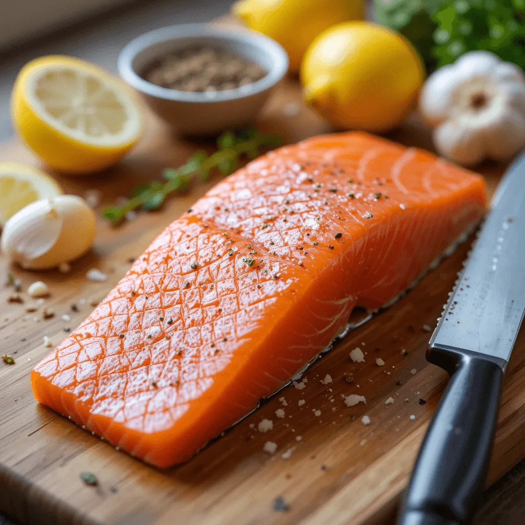 Fresh salmon fillet on a wooden cutting board with lemon wedges, garlic cloves, and seasoning, ready for a lemon garlic salmon recipe.